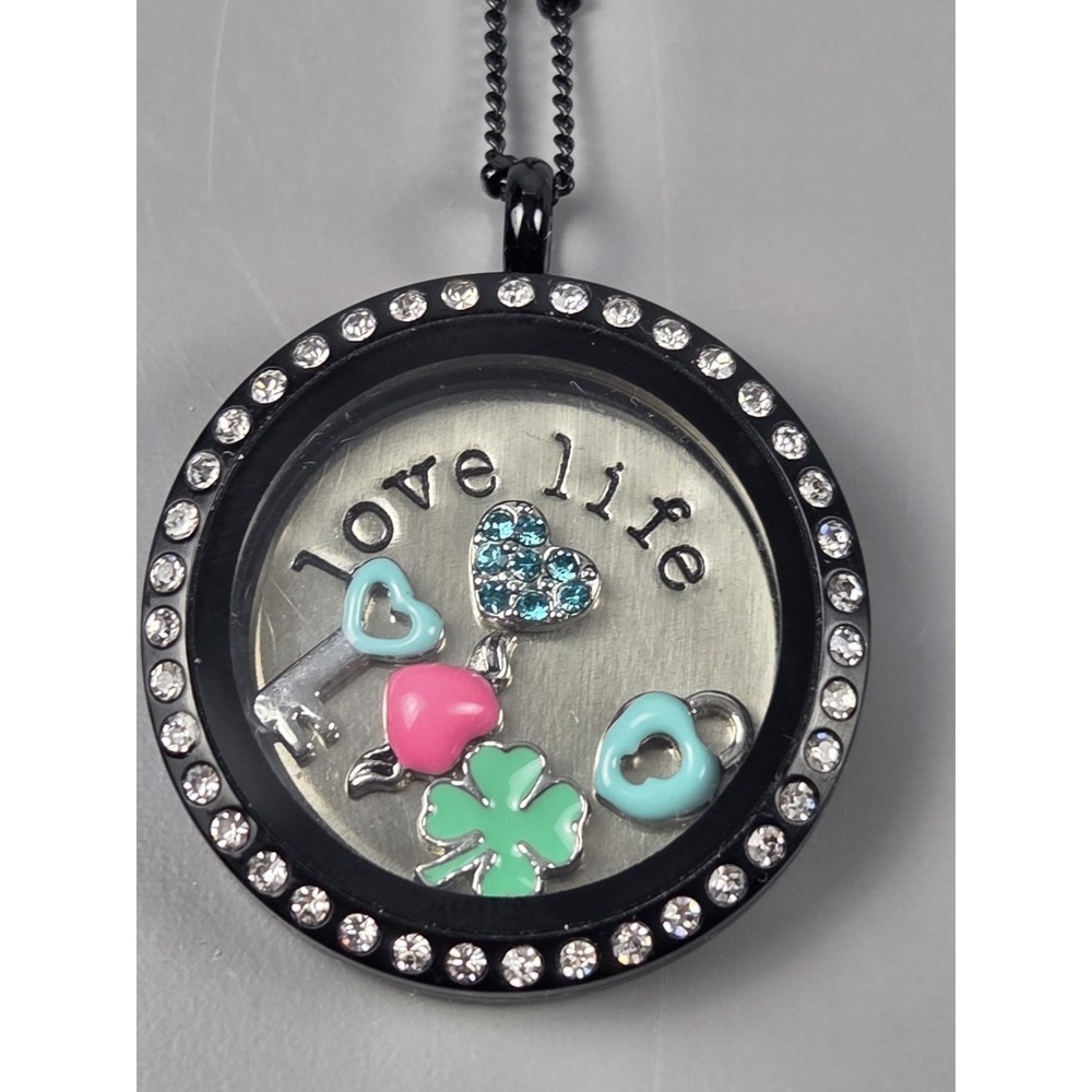 Origami Owl Pendant Necklace w/ 5 Charms Black Rhinestones 16-18"